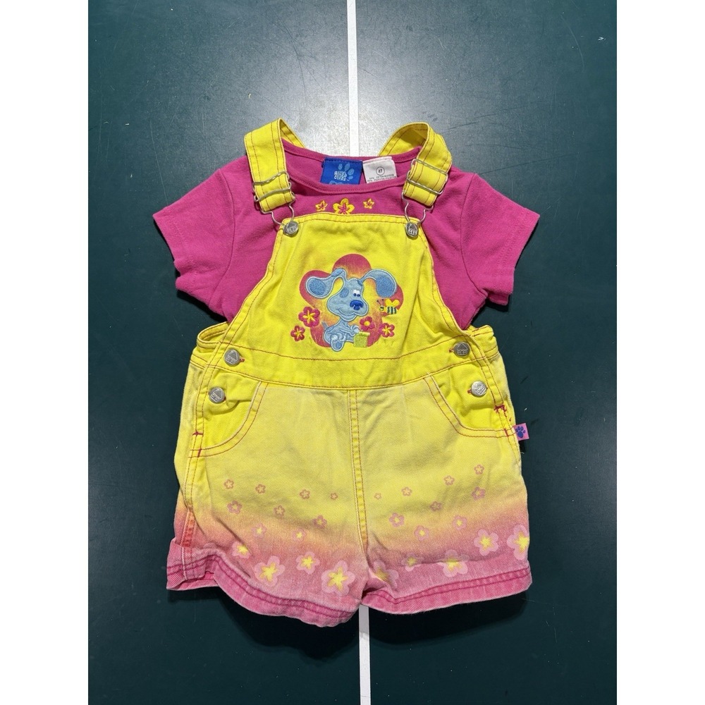 Vintage Blues Clues Overalls Set Girls 4T Pink‎ Denim Shorts Shortalls Rare
